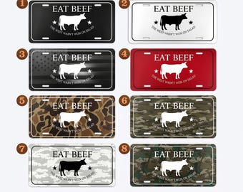 Tablica rejestracyjna Eat Beef 12x6 z aluminium, zabawna tablica samochodowa Farm Ranch, sylwetka krowy z zachodu, przednia tablica, metalowy znak, wstępnie wywiercone otwory
