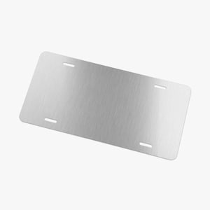 May include: A blank, brushed metal license plate with four oblong mounting holes. The plate has rounded corners and a silver finish. The surface has a subtle, horizontal grain.