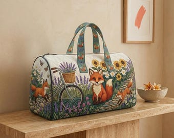 Fox Garden Reisetasche, Sunflower Lavender Fahrrad Weekender Tote, Cottagecore Woodland Übernachtung Sporttasche Geschenk