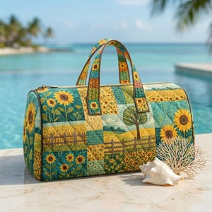 May include: A quilted duffel bag featuring a patchwork design of sunflowers, green fields, and wooden fences. The bag has two top handles and a zippered closure. A white seashell and a piece of white coral are placed in front of the bag.
