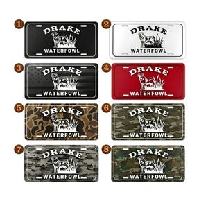 May include: A collection of license plates with the text "DRAKE WATERFOWL" and a dog illustration. The plates come in various colors and patterns, including black, white, red, camouflage, and a design resembling the American flag.