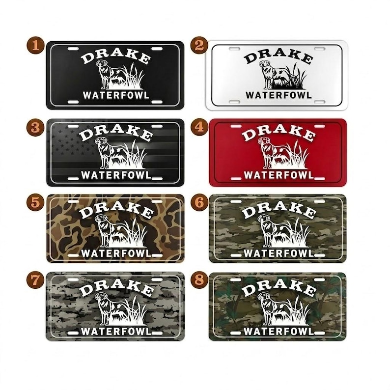 May include: A collection of license plates with the text "DRAKE WATERFOWL" and a dog illustration. The plates come in various colors and patterns, including black, white, red, camouflage, and a design resembling the American flag.