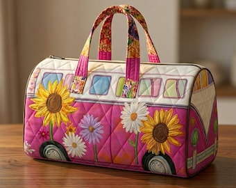 Sunflower Camper Van Weekender Bag, Pink Floral Travel Duffel Bag for Women, Vintage Adventure Overnight Tote