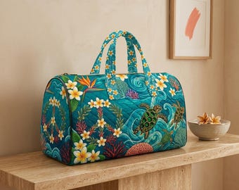 Sea Turtle Travel Duffel Bag, Tropical Ocean Floral Weekender Tote, Coastal Coral Reef Overnight Gym Bag Beach Lover Gift
