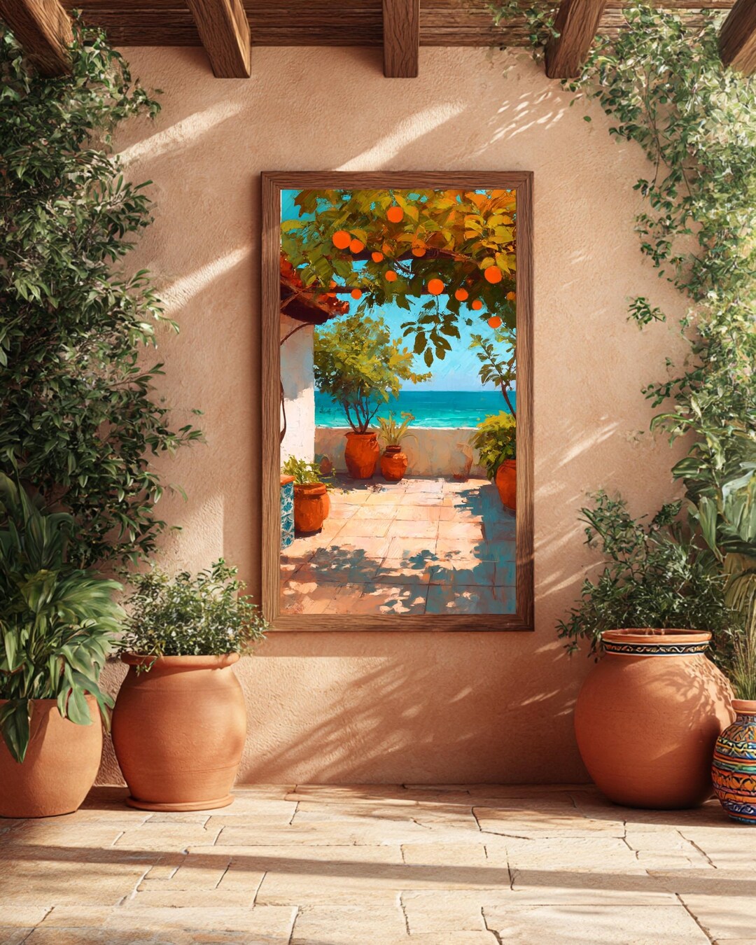 Mediterranean Terrace Wall Art, Ocean View Orange Tree Print, Coastal ...