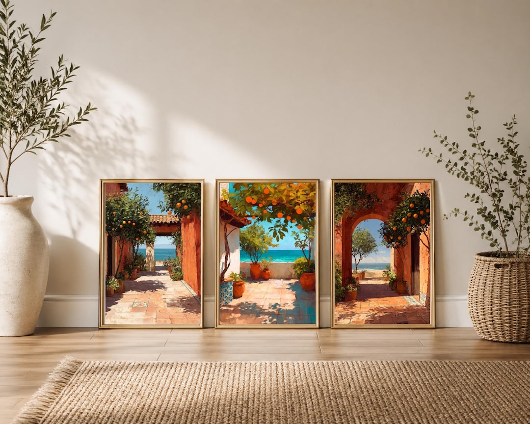 Mediterranean Wall Art Set of 3, Orange Tree Coastal Prints, Terracotta ...