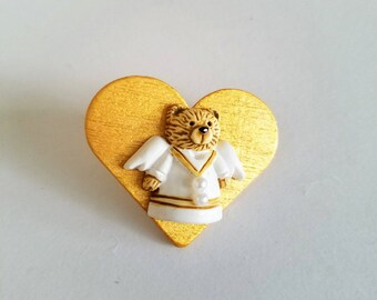 Cute Bear Pin Vintage Bear Pin| Wood Teddy Bear Pin | Angel Bear | Small Bear Stuff|Angel Pins or Brooch|Angel Heart Pin|Folk Art Pin Brooch