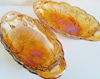 Collectible Carnival Glass Dish, Carnival Glass Plate, Marigold Carnival Glass, Iridescent Amber Glass, 1930s Glassware, Amber Glass Plate