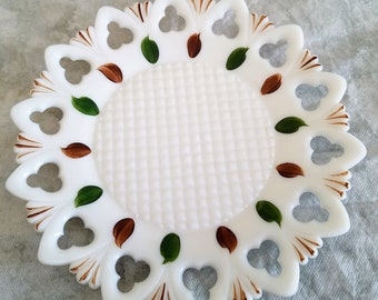 Vintage Milk Glass Plate, White milk Glass Plate, Hand Painted Milk Glass, White Scalloped Dish