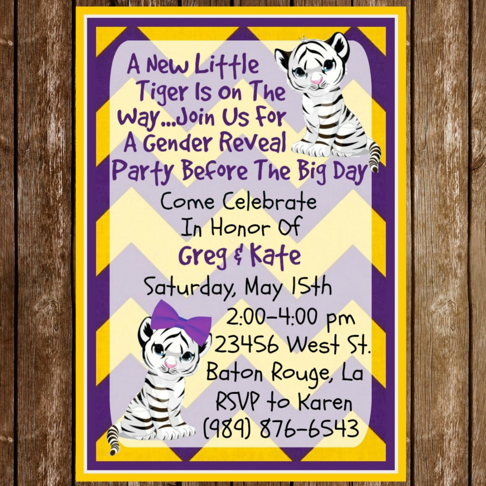 LSU Tiger Gender Reveal Baby Shower Party Invitation Etsy