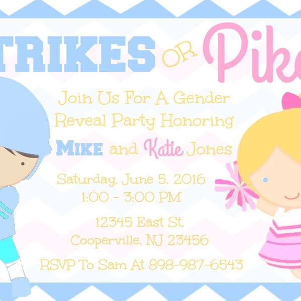 Cheerleader Baseball Player Gender Reveal Sports Invitation Download - Strikes or Pikes