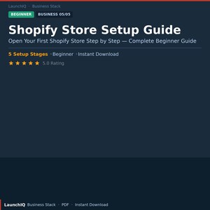 Peut inclure: Un guide numérique intitulé "Shopify Store Setup Guide" sur fond bleu foncé. Le guide est destiné aux débutants et comprend 5 étapes de configuration. Le texte comprend également "Open Your First Shopify Store Step by Step - Complete Beginner Guide".