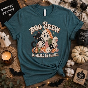Patchwork Ghost & Black Cat Halloween Tee, Introvert Crew Graphic (Bella Canvas 3001)