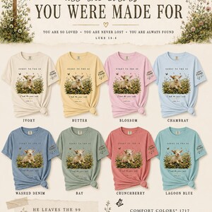 May include: Eight short-sleeve t-shirts in ivory, butter, blossom, chambray, washed denim, bay, crunchberry, and lagoon blue. Each shirt features a graphic of a lamb in a field with the text "SORRY TO THE 99" and "I took the place yours."