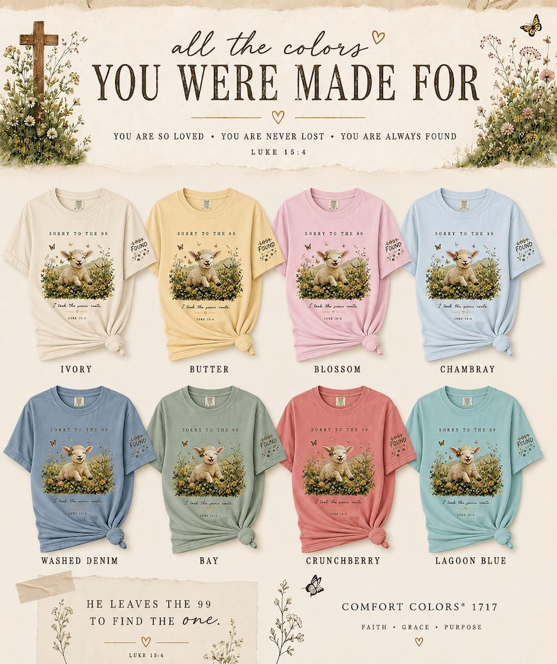 May include: Eight short-sleeve t-shirts in ivory, butter, blossom, chambray, washed denim, bay, crunchberry, and lagoon blue. Each shirt features a graphic of a lamb in a field with the text "SORRY TO THE 99" and "I took the place yours."