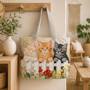 May include: A quilted tote bag featuring three kittens peeking over a white picket fence. The kittens are orange, gray, and cream-colored, with green and yellow flowers at the base of the fence. The bag has silver handles.