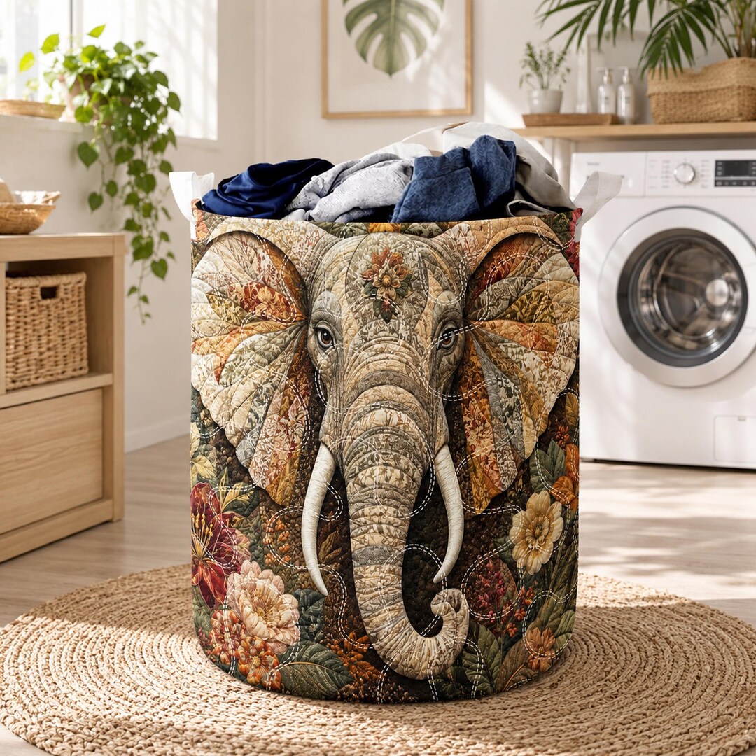 Elephant Lover Quilted Laundry Basket, Vintage Floral Elephant Hamper ...