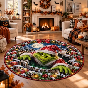 Pode incluir: Um tapete redondo com uma personagem verde usando gorro e fato de Pai Natal, emergindo de uma abertura de pedra com neve. A borda é decorada com pinhas, ornamentos vermelhos, presentes embrulhados e uma cena noturna de inverno.