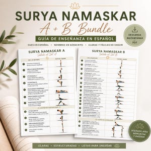 May include: A yoga guide titled "Surya Namaskar A + B Bundle" in Spanish, featuring detailed instructions and illustrations for sun salutations. The guide includes cues in Spanish and Sanskrit names, with a downloadable PDF option.