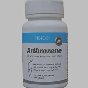 以下が含まれることがあります： 関節の健康をサポートするサプリメント、Arthrozeneの白いボトル。ラベルにはブランド名「FISICO」と製品名「Arthrozene」が記載された青い帯があります。不快感やこわばりの軽減などの利点も記載されています。30カプセル入り。