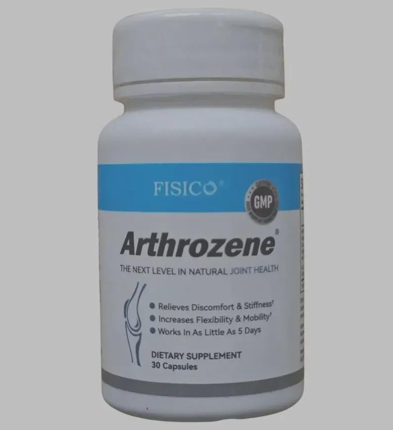 以下が含まれることがあります： 関節の健康をサポートするサプリメント、Arthrozeneの白いボトル。ラベルにはブランド名「FISICO」と製品名「Arthrozene」が記載された青い帯があります。不快感やこわばりの軽減などの利点も記載されています。30カプセル入り。