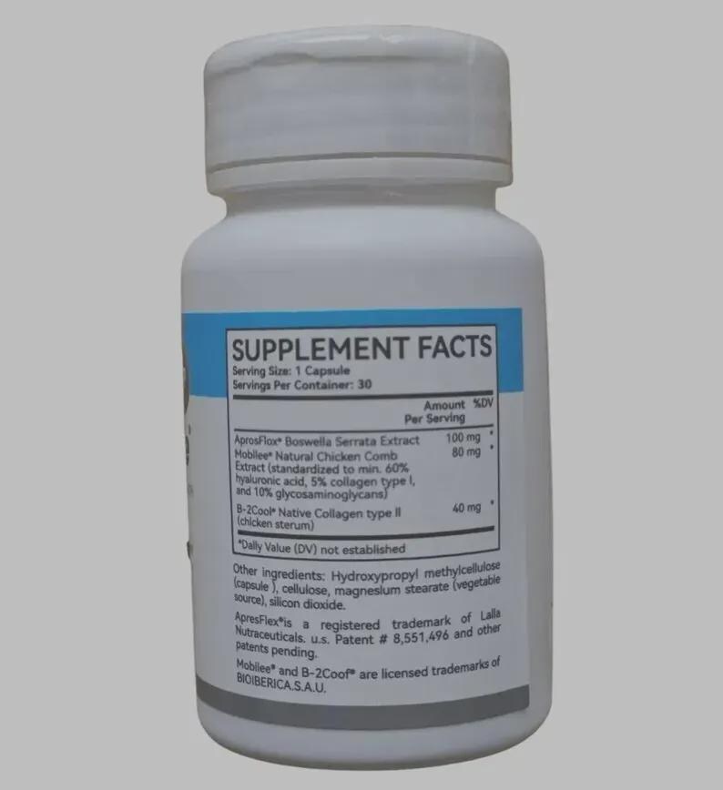 以下が含まれることがあります： 「SUPPLEMENT FACTS」と表示された青いラベルが付いた白いサプリメントボトル。ラベルには、ボスウェリアセラタエキスやネイティブコラーゲンなどの成分が記載されています。ボトルには白いキャップが付いており、30回分入っています。