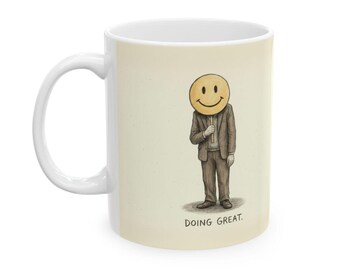 Doing Great Ceramic Coffee Mug — Deadpan Fake-Smile Office Burnout Mug (11oz, 15oz)