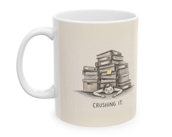 Crushing It Ceramic Coffee Mug — Deadpan Ironic Office Hustle Mug (11oz, 15oz)