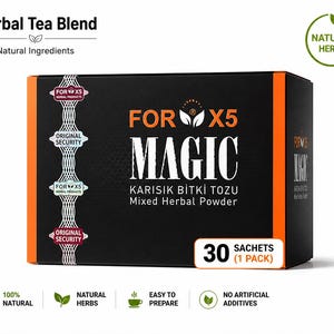 Peut inclure: Une boîte noire de mélange de thé aux herbes "FOR X5 MAGIC" avec des accents orange. La boîte présente le texte "KARISIK BITKI TOZU Mixed Herbal Powder" et "30 sachets". Le texte supplémentaire comprend "Natural Herbs" et "100% Natural".