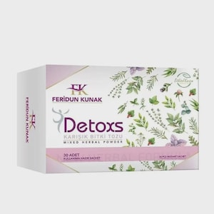 Op de afbeelding: Een rechthoekige doos met Feridun Kunak Detoxs gemengd kruidenpoeder. De witte verpakking is voorzien van een paars logo, de tekst Detoxs en een botanische illustratie van diverse groene bladeren en kleine paarse bloemen. Bevat 30 sachets.