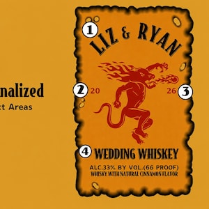 May include: Personalized wedding whiskey label with the names "Liz & Ryan" at the top. A red dragon graphic is in the center, with the text "Wedding Whiskey" below. The label also includes the text "ALC.33% BY VOL.(66 PROOF) WHISKY WITH NATURAL CINNAMON FLAVOR."