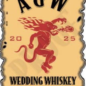May include: A vintage-style label with a tan background and a decorative border. The label features the text "A & W" in black, a red illustration of a devil-like creature, and the words "WEDDING WHISKEY". The label also includes the text "20 25".