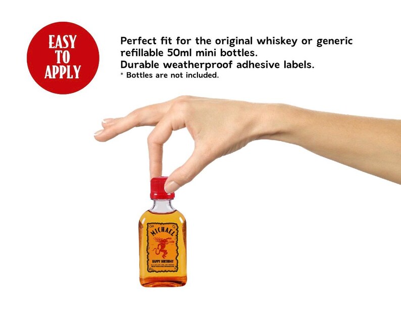 May include: A small, clear glass bottle with a red cap and a label that reads "Michael Happy Birthday." The bottle contains a golden liquid. The text "Easy to Apply" is in a red circle.