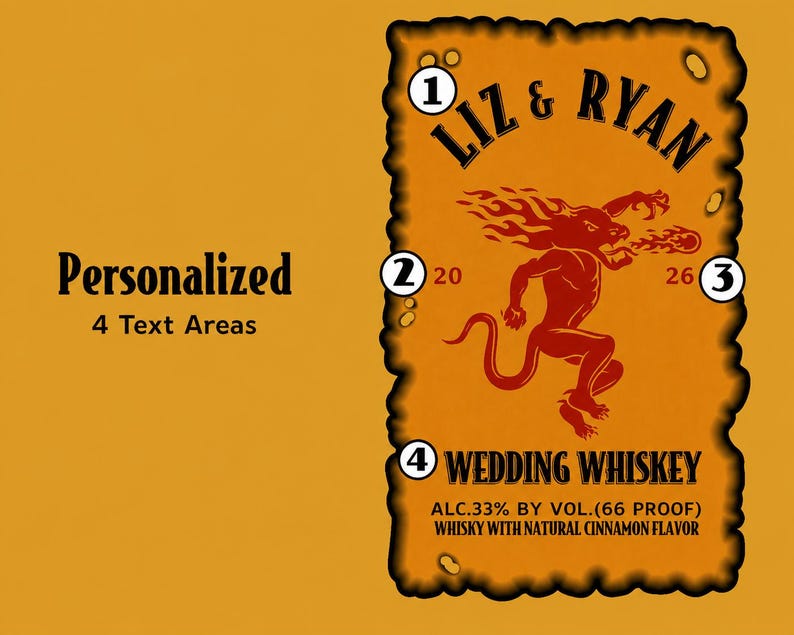 May include: Personalized wedding whiskey label with the names "Liz & Ryan" at the top. A red dragon graphic is in the center, with the text "Wedding Whiskey" below. The label also includes the text "ALC.33% BY VOL.(66 PROOF) WHISKY WITH NATURAL CINNAMON FLAVOR."