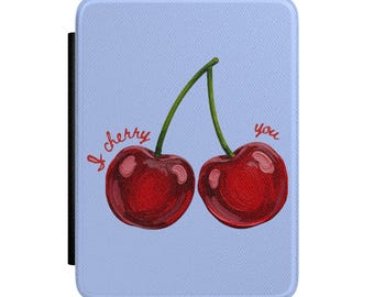 Cherry Illustration Kindle Case | Cute Red Cherries on Light Blue