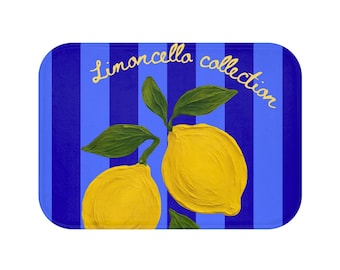 Tapis de bain illustré citron Limoncello | Motif agrumes à rayures bleues