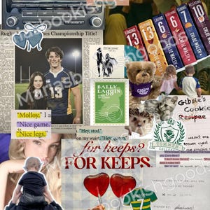 May include: A collage featuring a car radio, book covers, a rugby player, a teddy bear, and lollipops. Text includes song lyrics, book titles, and phrases like "For Keeps?" and "Nice legs." The color palette is varied.