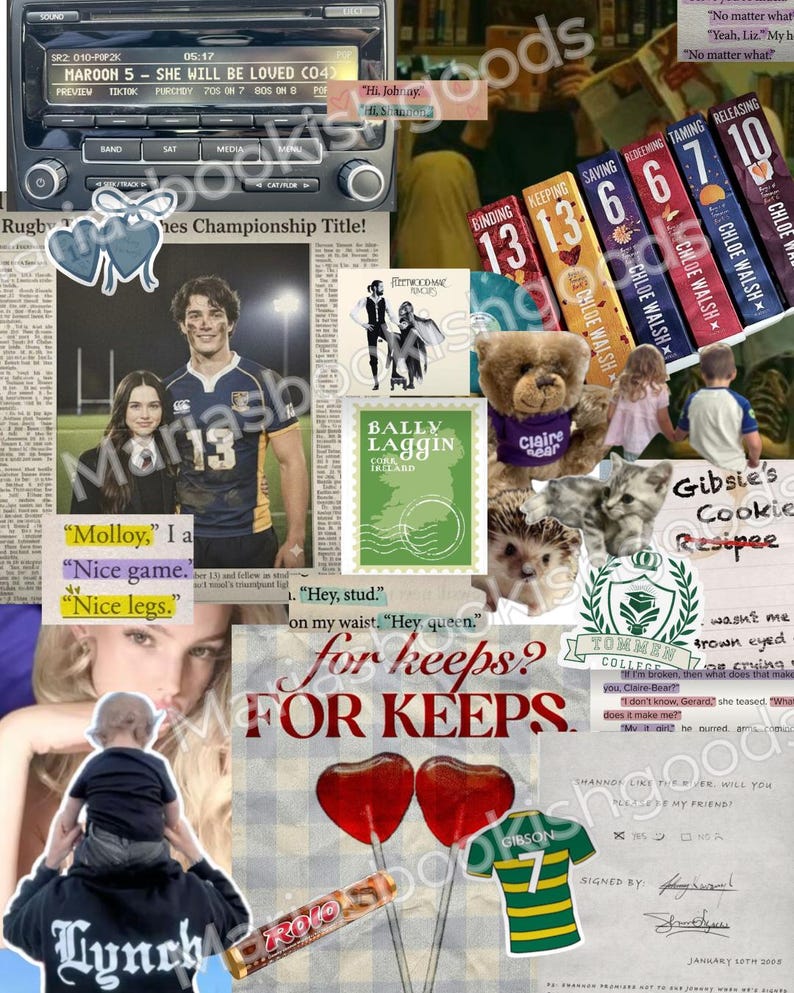May include: A collage featuring a car radio, book covers, a rugby player, a teddy bear, and lollipops. Text includes song lyrics, book titles, and phrases like "For Keeps?" and "Nice legs." The color palette is varied.