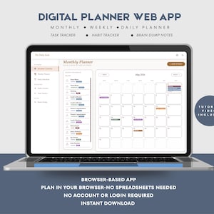 Könnte beinhalten: Ein Laptop zeigt eine digitale Planer-Web-App mit einer monatlichen Kalenderoberfläche. Der Bildschirm zeigt eine Aufgabenliste und ein Kalenderraster für Mai 2026. Der Text auf dem Bildschirm umfasst Digital Planner Web App, Monthly, Weekly, Daily Planner, Task Tracker, Habit Tracker, Brain Dump Notes, Tutorial Video Included, Browser-based app, plan in your browser-no spreadsheets needed, no account or login required, instant download.