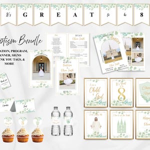 May include: A baptism bundle featuring a banner with the text It's GREAT to be 8, invitations, programs, thank you tags, cupcake toppers, water bottle labels, and signs with gold and green eucalyptus designs and religious imagery.