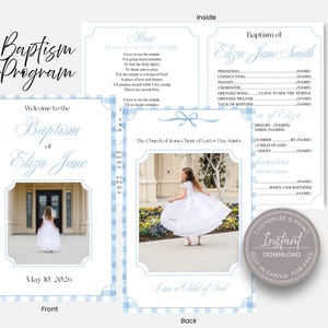 May include: A baptism program template featuring a light blue gingham border and white background. The front displays the text Baptism of Eliza Jane and May 10, 2026, with a photo of a child in a white dress. The inside and back include text fields.