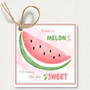 Può includere: Un'etichetta regalo quadrata con un'illustrazione ad acquerello di una fetta di anguria. L'etichetta ha un bordo rosa e verde, con le parole "Thanks a MELON for making this year SWEET" stampate sopra. È attaccato uno spago.