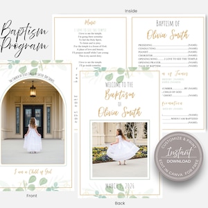 May include: A baptism program template featuring a front cover with a photo of a child in a white dress, a back cover with a photo of a child in a white dress, and an inside page with text including Baptism of Olivia Smith and lyrics.