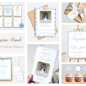 May include: A baptism bundle featuring light blue gingham borders on invitations, programs, and signs. Items include a welcome sign, cupcake toppers, gift tags, and display cards with text like Baptism of Eliza Jane and May 10, 2026.