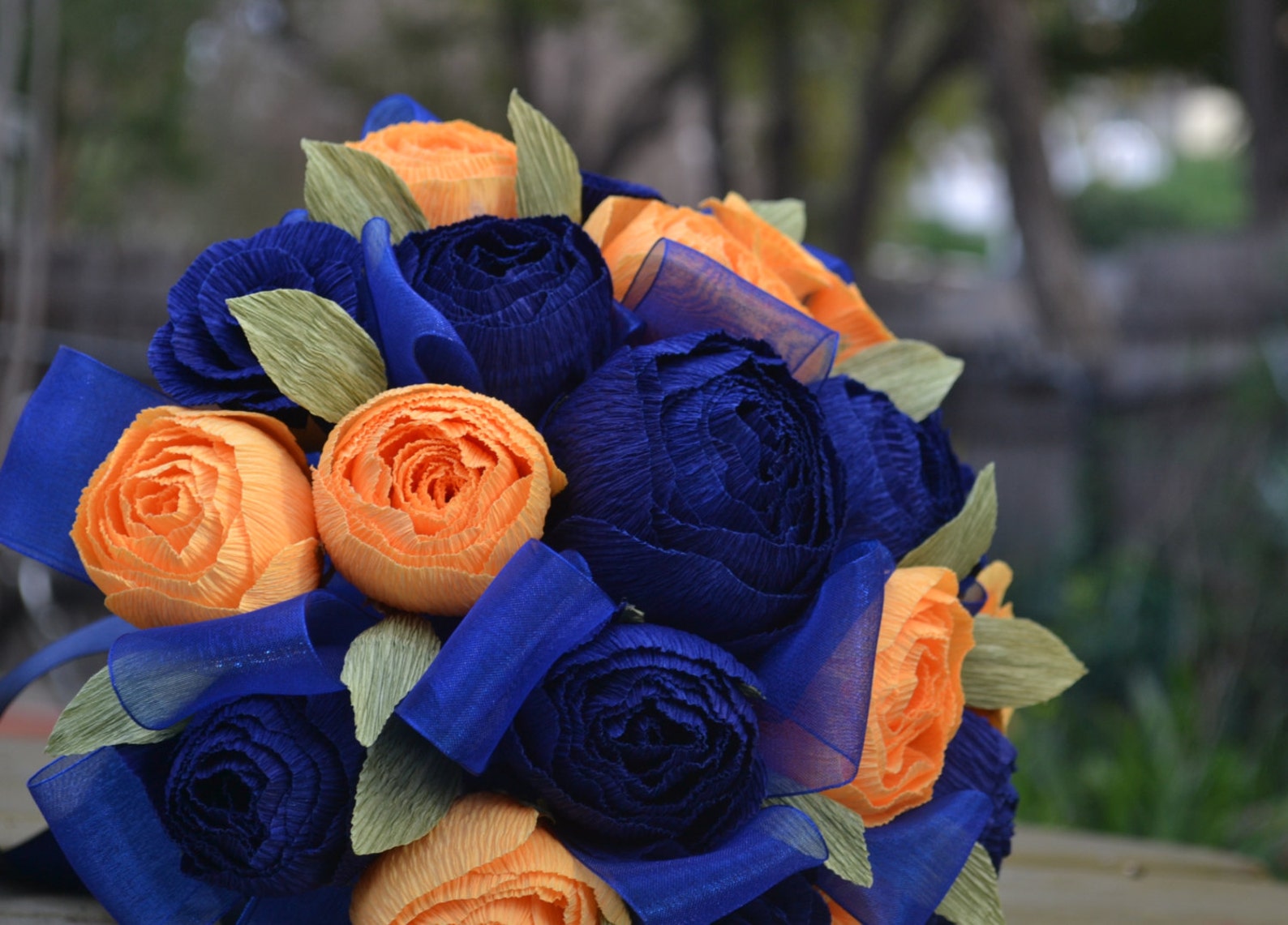 Wedding Bouquet Crepe Paper Yellow and Blue With Green Leaves Etsy