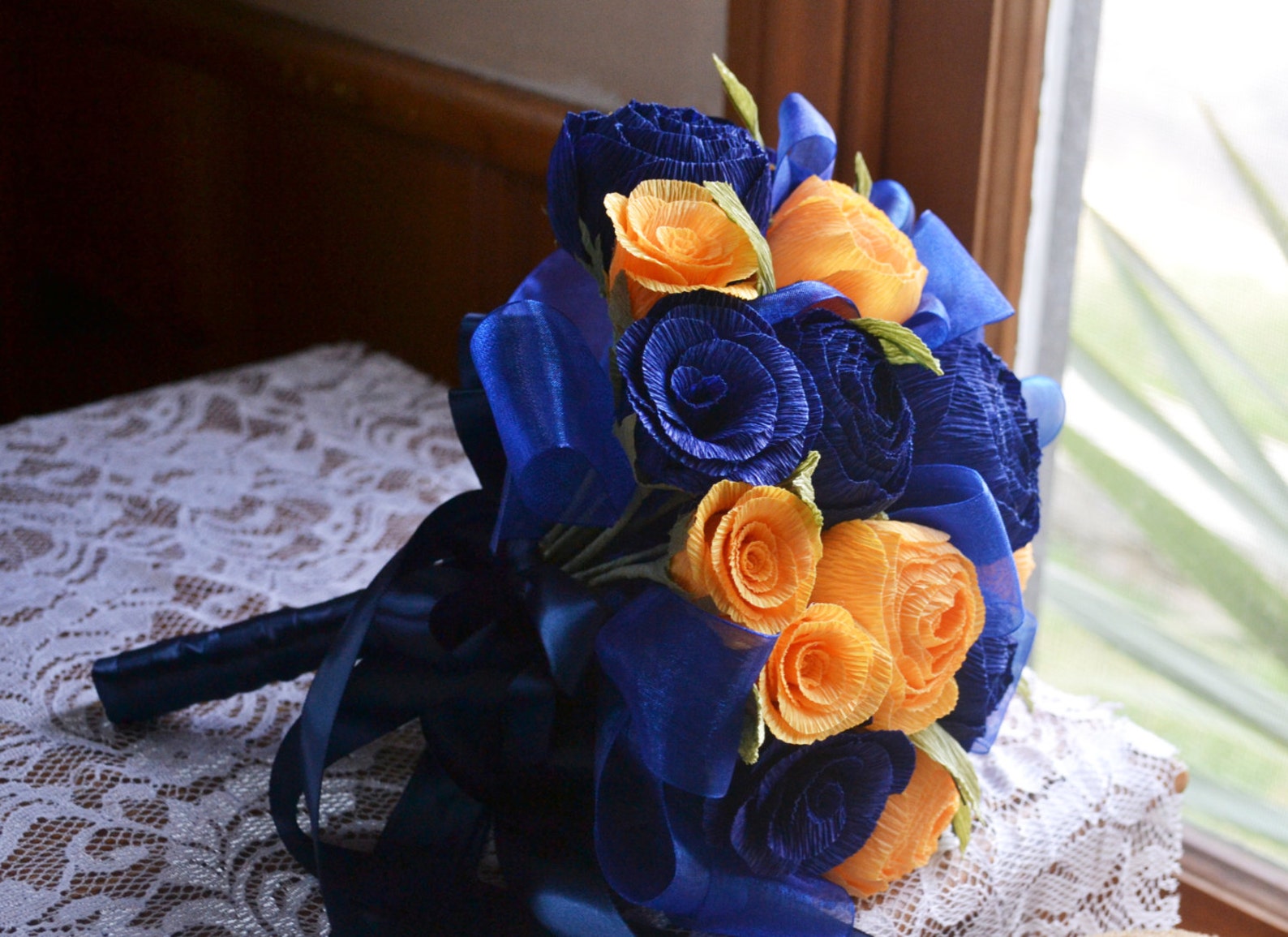 Wedding Bouquet Crepe Paper Yellow and Blue With Green Leaves Etsy