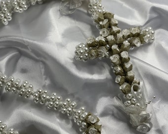 Lazo de boda - Perlas blancas y flores con hojas de olivo verdes - lazo de boda - lazo único en su tipo