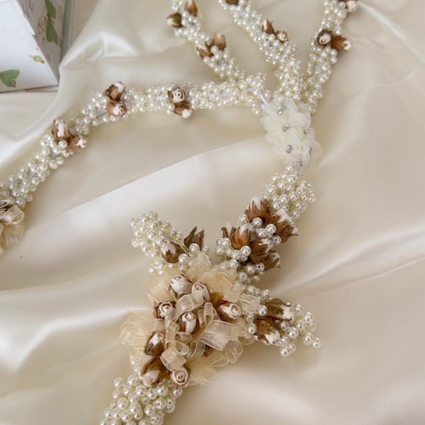Wedding Lasso, lazo de boda - Original Vintage Style Wedding Lazo with Ivory Pearls and Ivory Satin Flowers