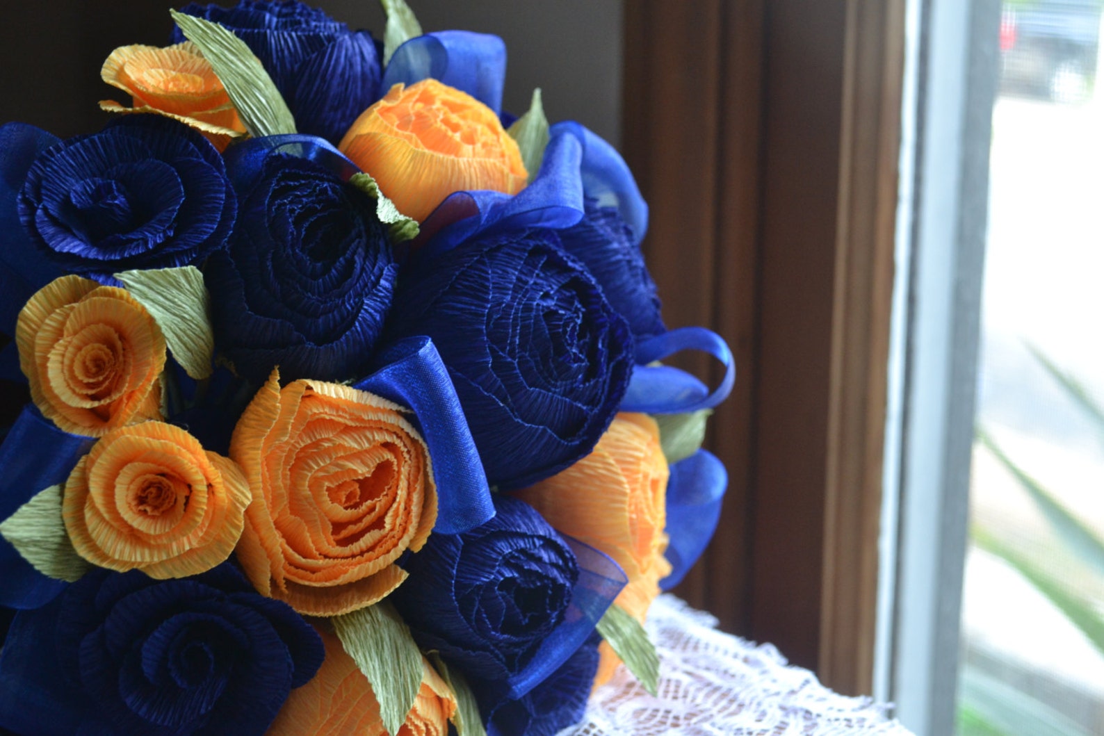 Wedding Bouquet Crepe Paper Yellow and Blue With Green Leaves Etsy