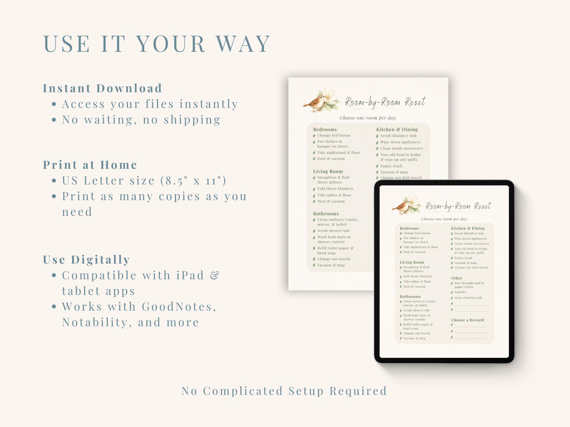 Room by Room Cleaning Checklist Printable, Simple Home Reset PDF, ADHD ...